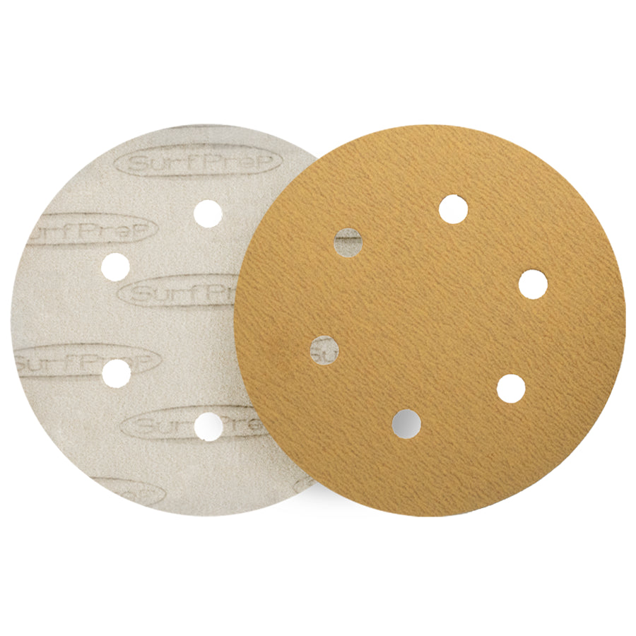 SurfPrep Sandstorm sanding paper discs with a 6 hole pattern for vacuum capability.