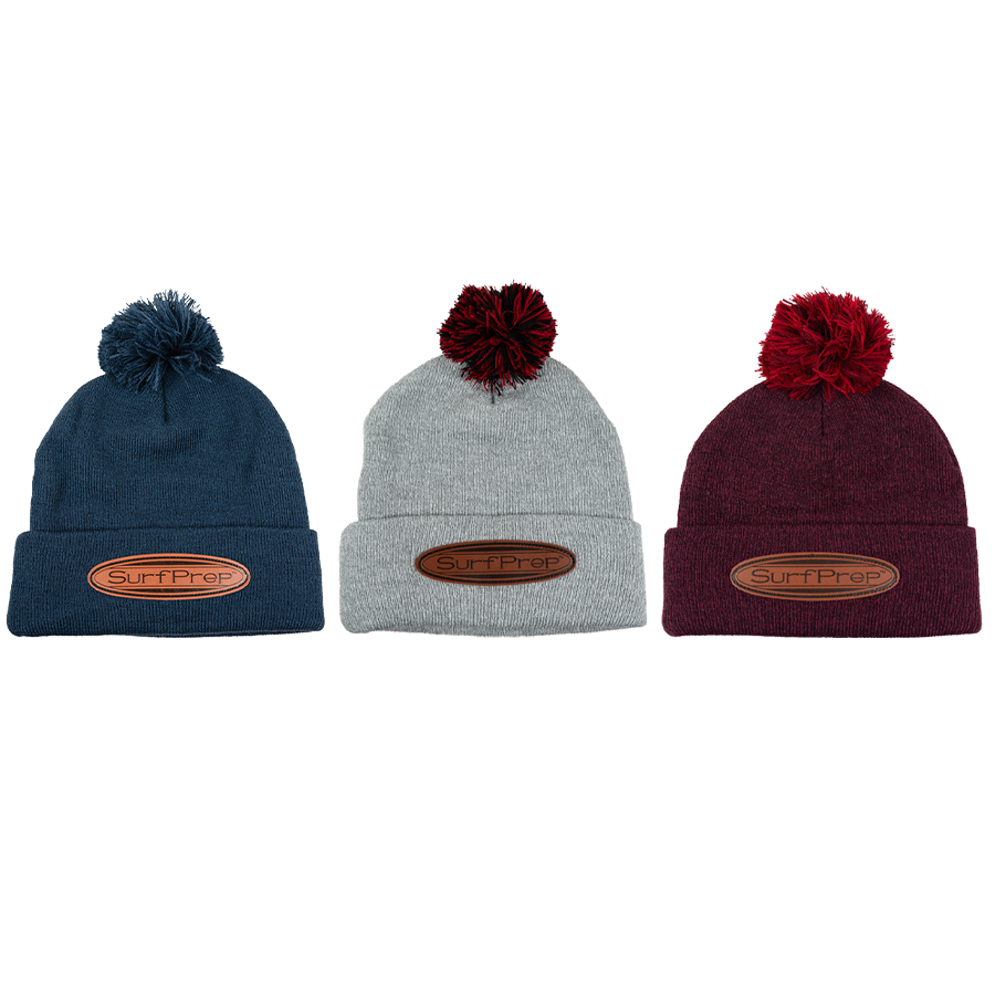 SurfPrep knite beanies in trendy navy, grey, and maroon.