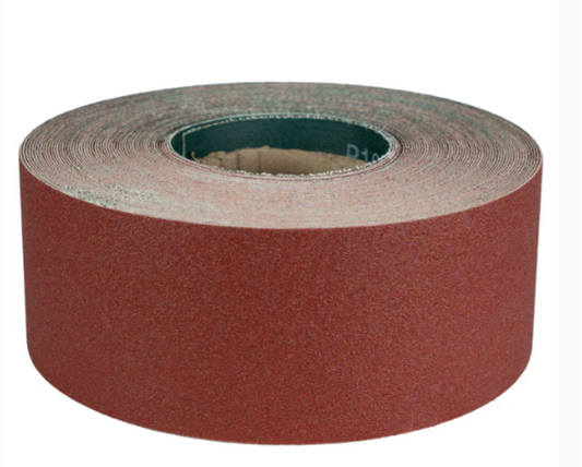 SurfPrep red aluminum oxide sanding belt roll on a white background for wide belt sander and production sanding applications. 