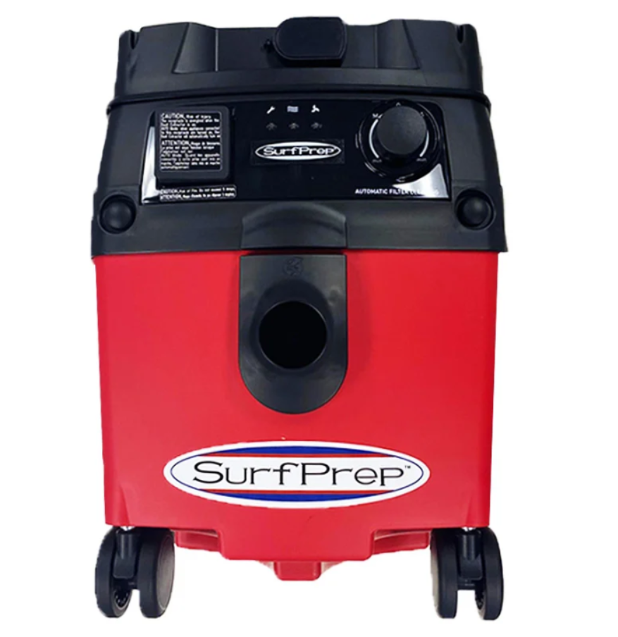 SurfPrep POV-8 portable HEPA dust extractor on wheels with automatic filter cleaning, for professional sanding dust collection in woodworking and cabinet finishing.