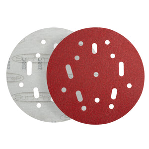 SurfPrep Red Riptide sanding paper discs with a multi-hole pattern for vacuum capability.